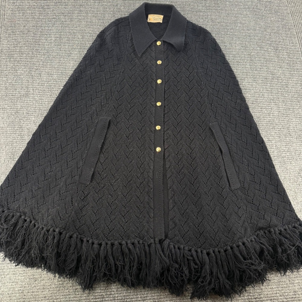 Vintage Bee by Banff One Size Black Knit Fringe Cape Poncho Gold Buttons